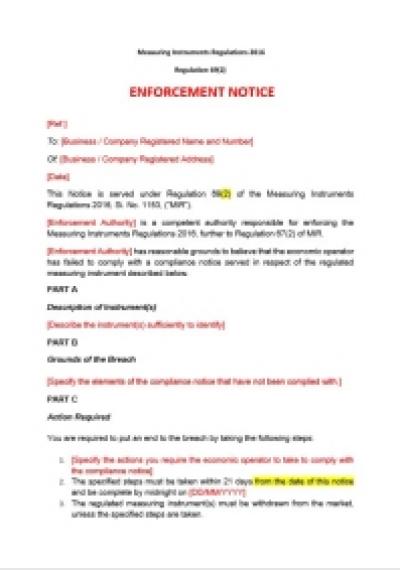 Measuring Instruments Regulations 2016 reg.69: enforcement notice