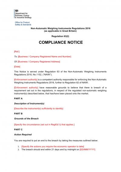 Non-Automatic Weighing Instruments Regulations 2016 reg.63: NI TS compliance notice