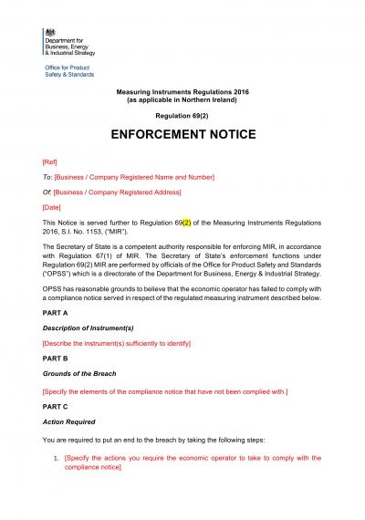 Non-Automatic Weighing Instruments Regulations 2016 reg.64: NI OPSS enforcement notice