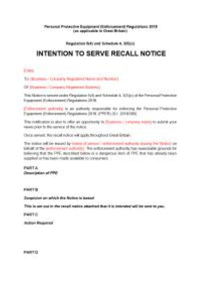 Pressure Equipment R68(4) Intention to Serve Recall Notice - GB